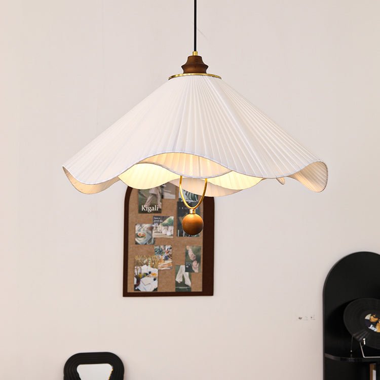 Scalloped Edge Pleated Shade Pendant Light Walnut Finish Indoor Hanging Lamp