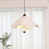 Scalloped Edge Pleated Shade Pendant Light Walnut Finish Indoor Hanging Lamp