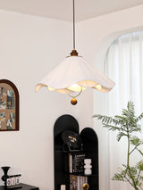 Scalloped Edge Pleated Shade Pendant Light Walnut Finish Indoor Hanging Lamp