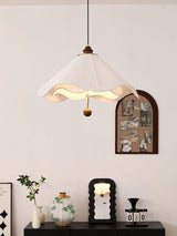 Scalloped Edge Pleated Shade Pendant Light Walnut Finish Indoor Hanging Lamp