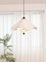 Scalloped Edge Pleated Shade Pendant Light Walnut Finish Indoor Hanging Lamp