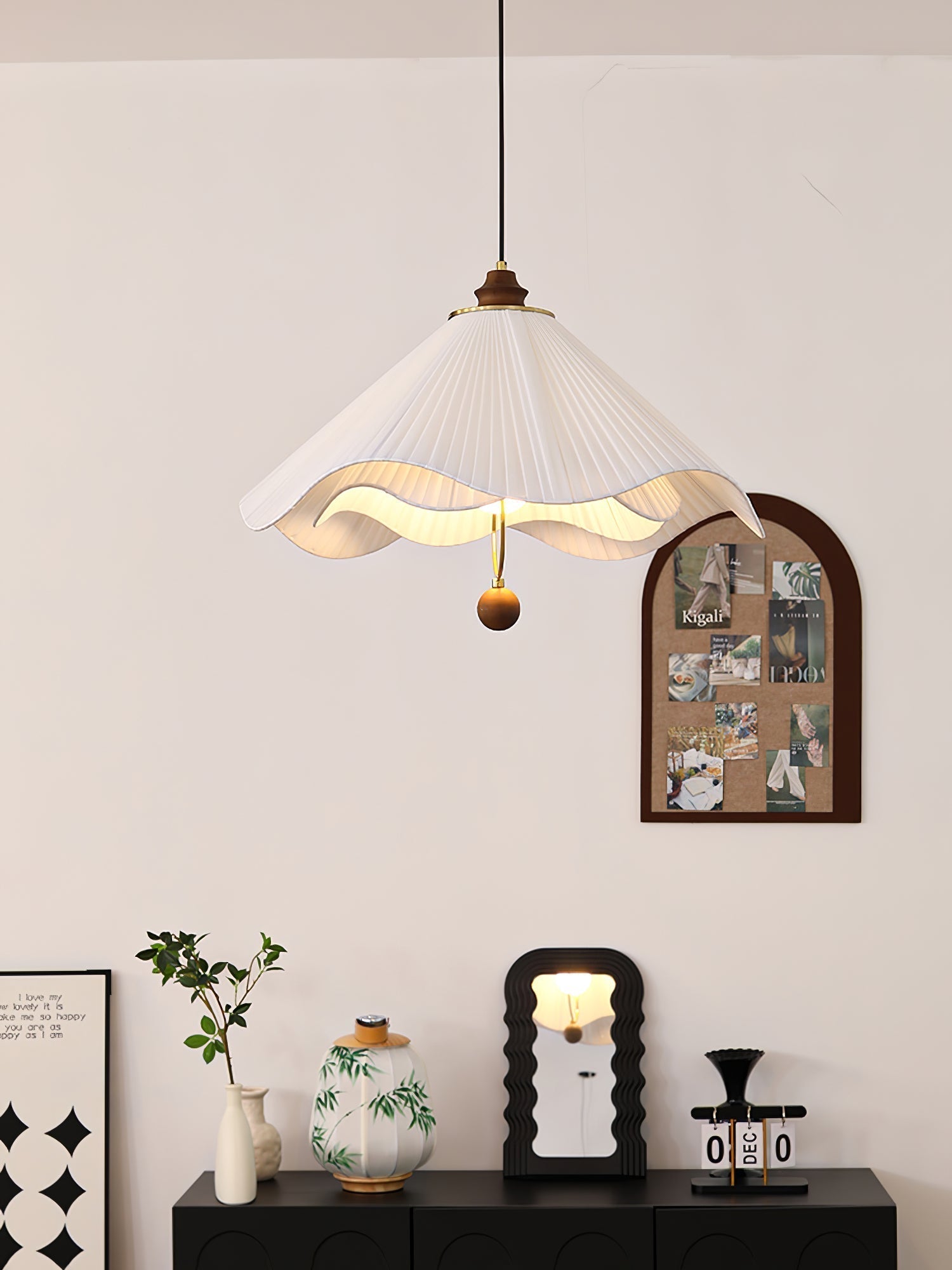 Scalloped Edge Pleated Shade Pendant Light Walnut Finish Indoor Hanging Lamp