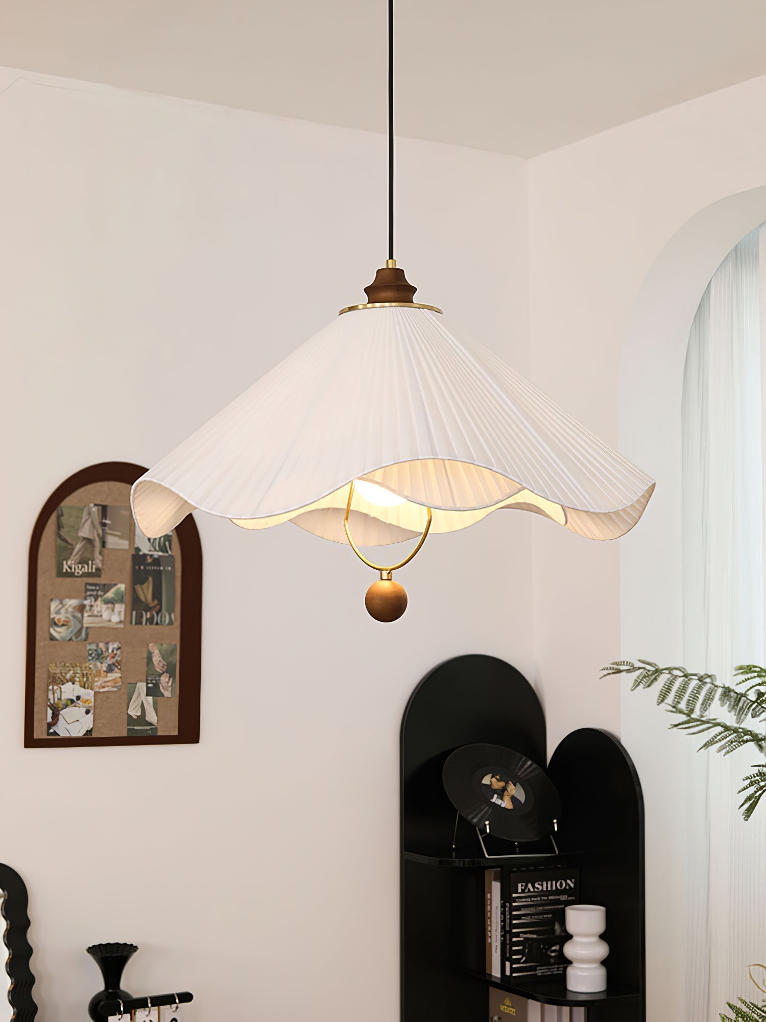 Scalloped Edge Pleated Shade Pendant Light Walnut Finish Indoor Hanging Lamp