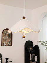 Scalloped Edge Pleated Shade Pendant Light Walnut Finish Indoor Hanging Lamp