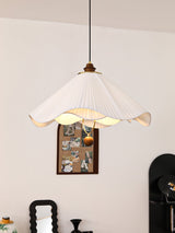 Scalloped Edge Pleated Shade Pendant Light Walnut Finish Indoor Hanging Lamp