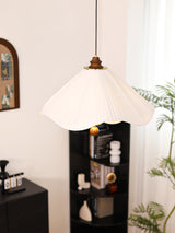 Scalloped Edge Pleated Shade Pendant Light Walnut Finish Indoor Hanging Lamp