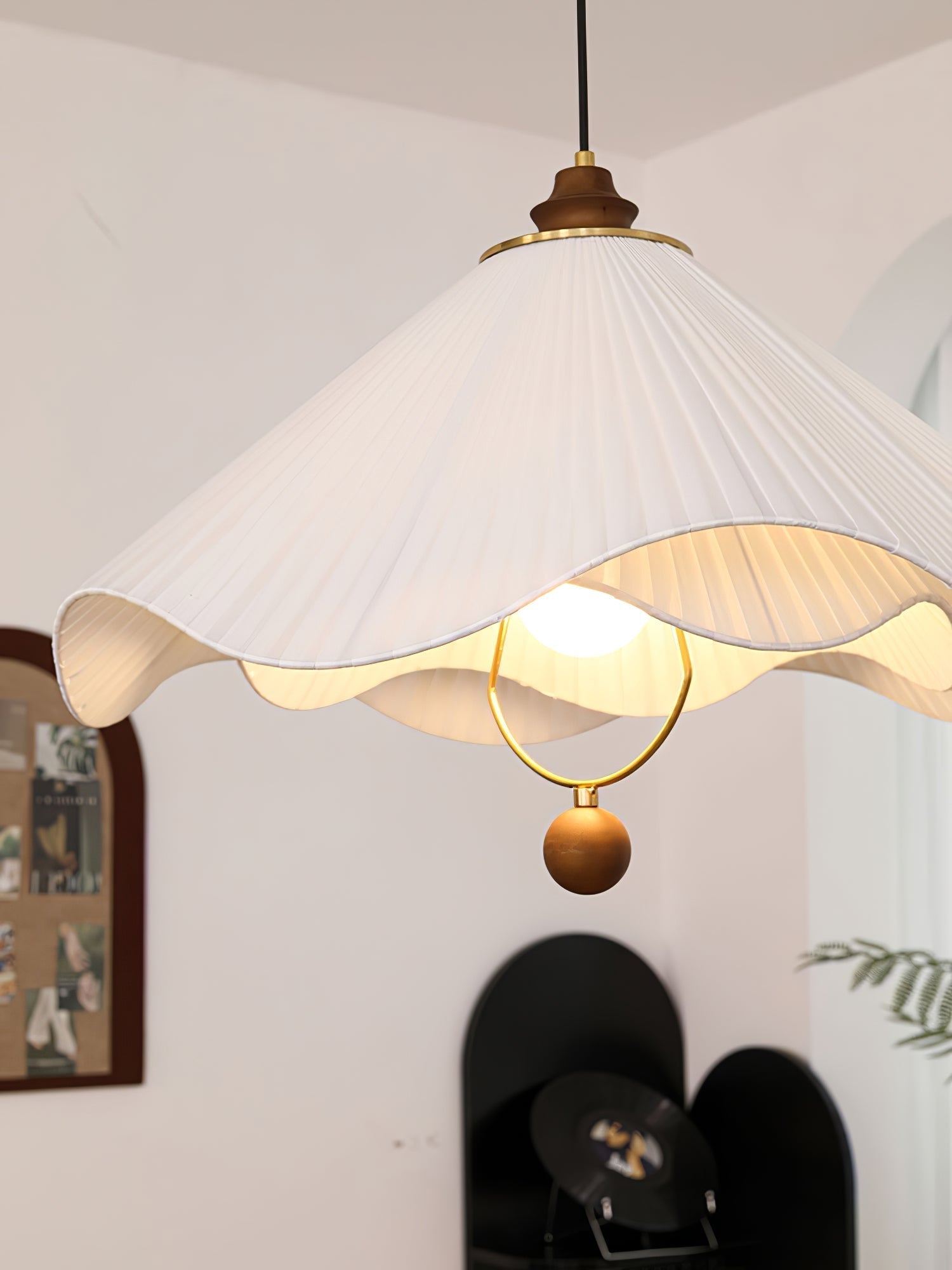 Scalloped Edge Pleated Shade Pendant Light Walnut Finish Indoor Hanging Lamp