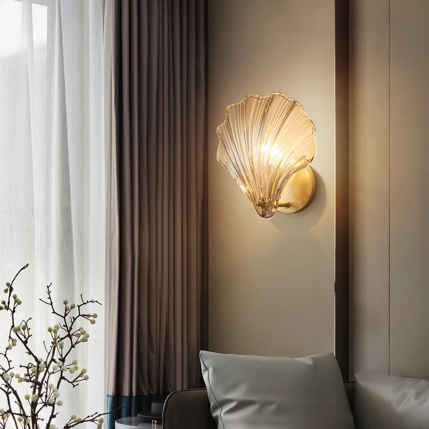 Scalloped Glass Shell Wall Sconce Set of 2 with Brass Finish for Indoor Lighting