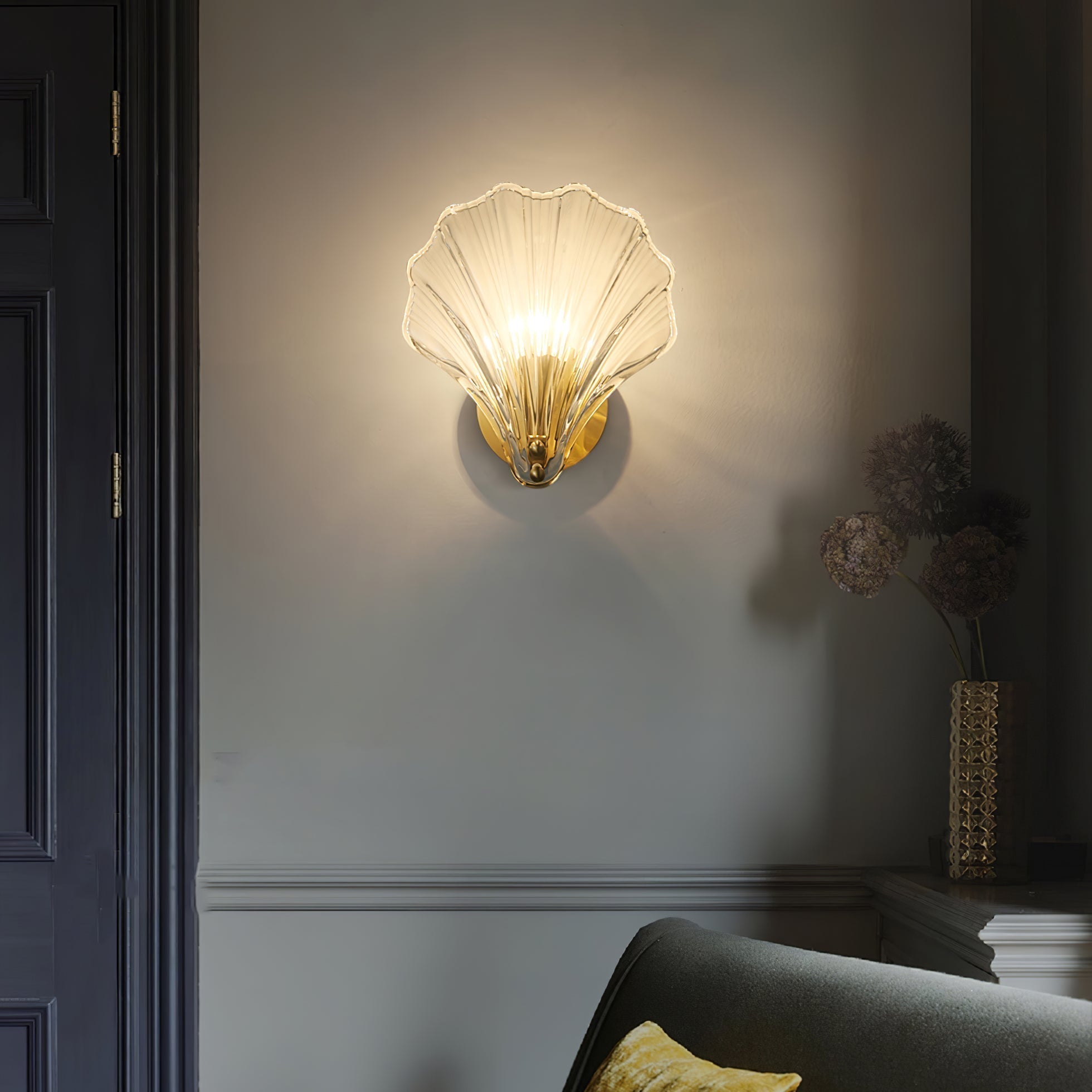 Scalloped Glass Shell Wall Sconce Set of 2 with Brass Finish for Indoor Lighting