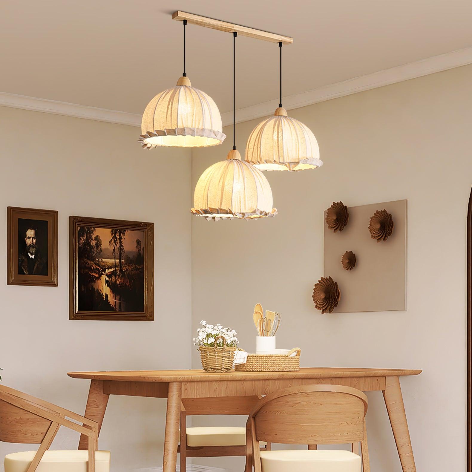 Scandi Sanna Fabric Pendant Lamp with Wood Accents Modern Interior Hanging Light
