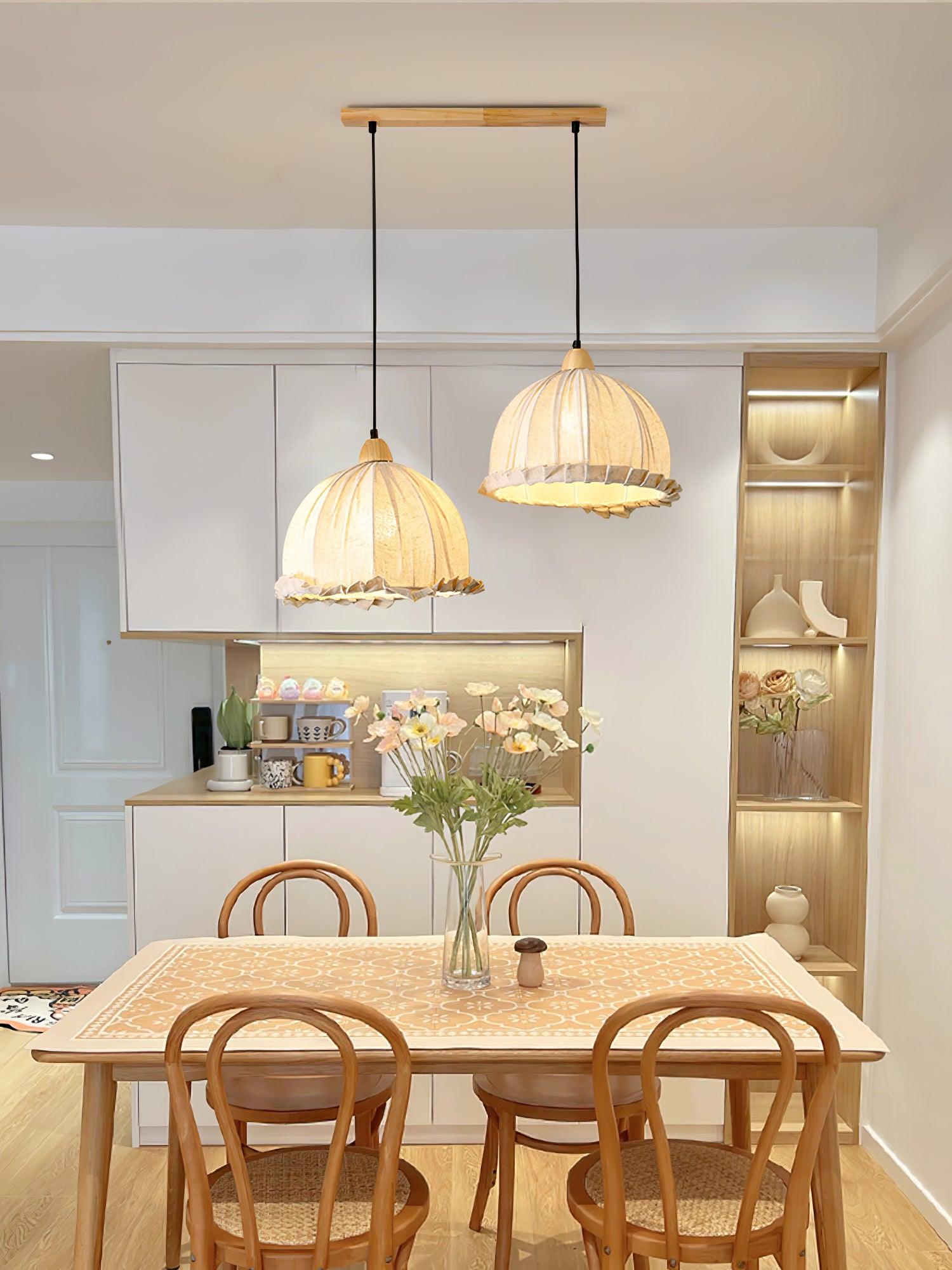 Scandi Sanna Fabric Pendant Lamp with Wood Accents Modern Interior Hanging Light