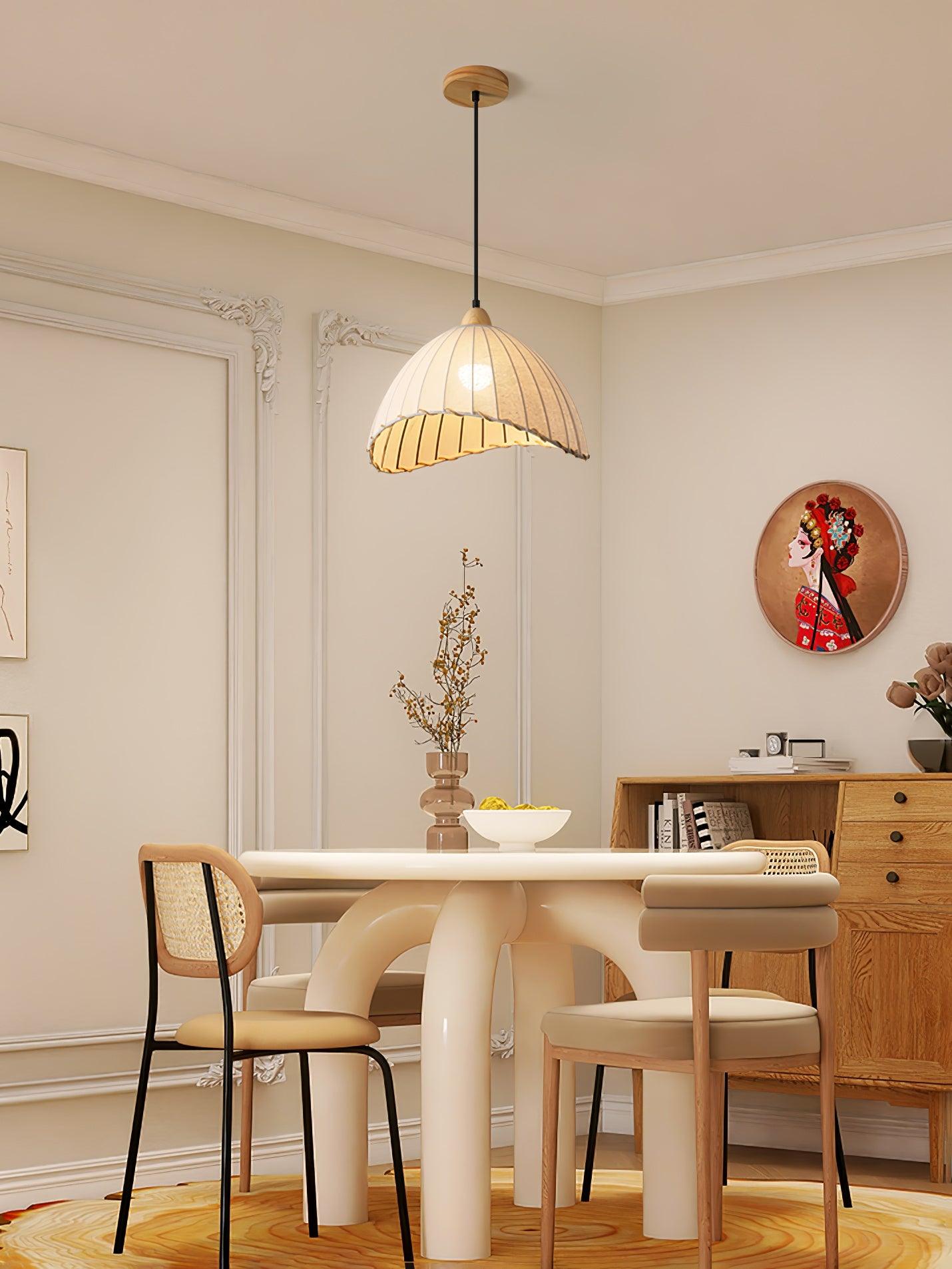 Scandi Sanna Fabric Pendant Lamp with Wood Accents Modern Interior Hanging Light