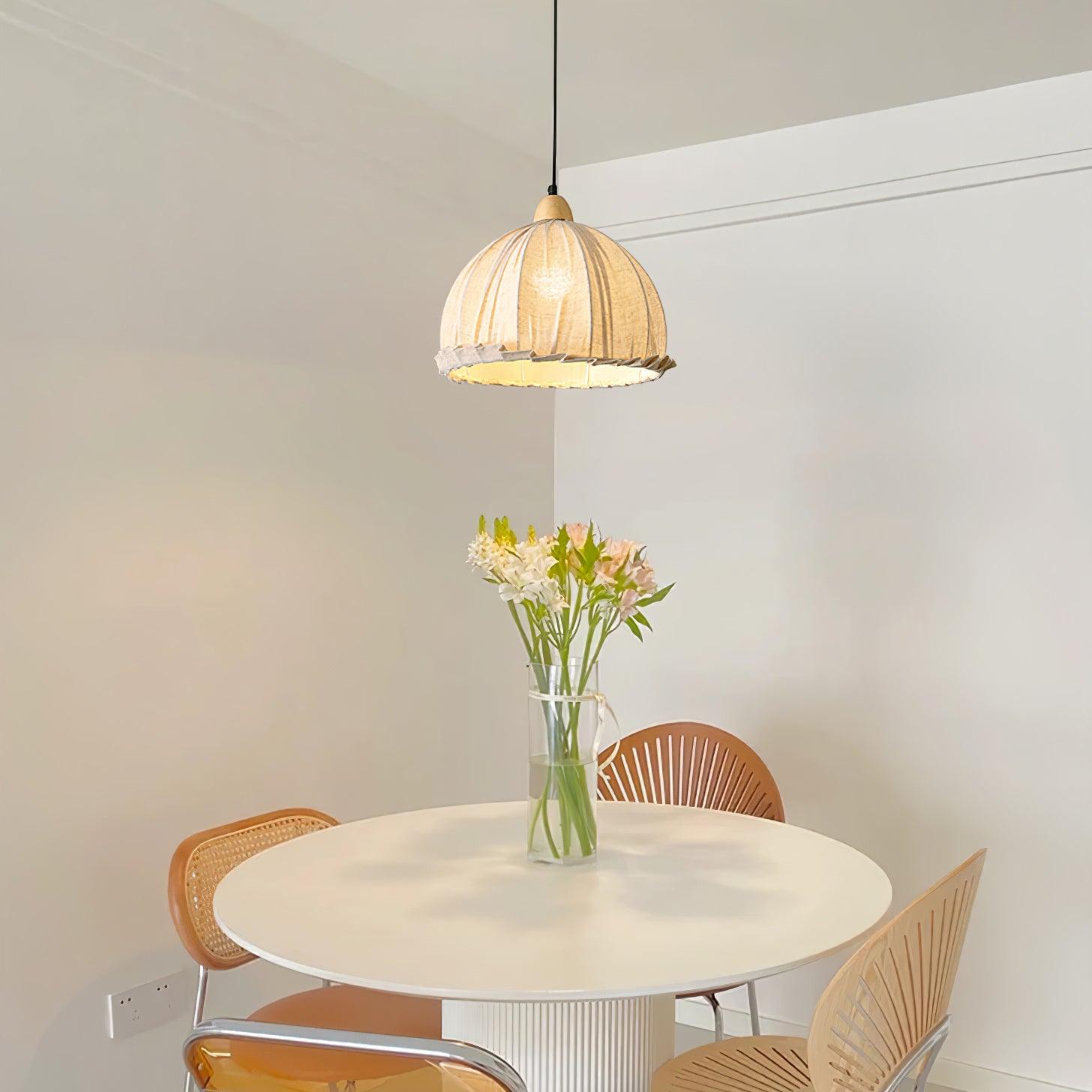 Scandi Sanna Fabric Pendant Lamp with Wood Accents Modern Interior Hanging Light