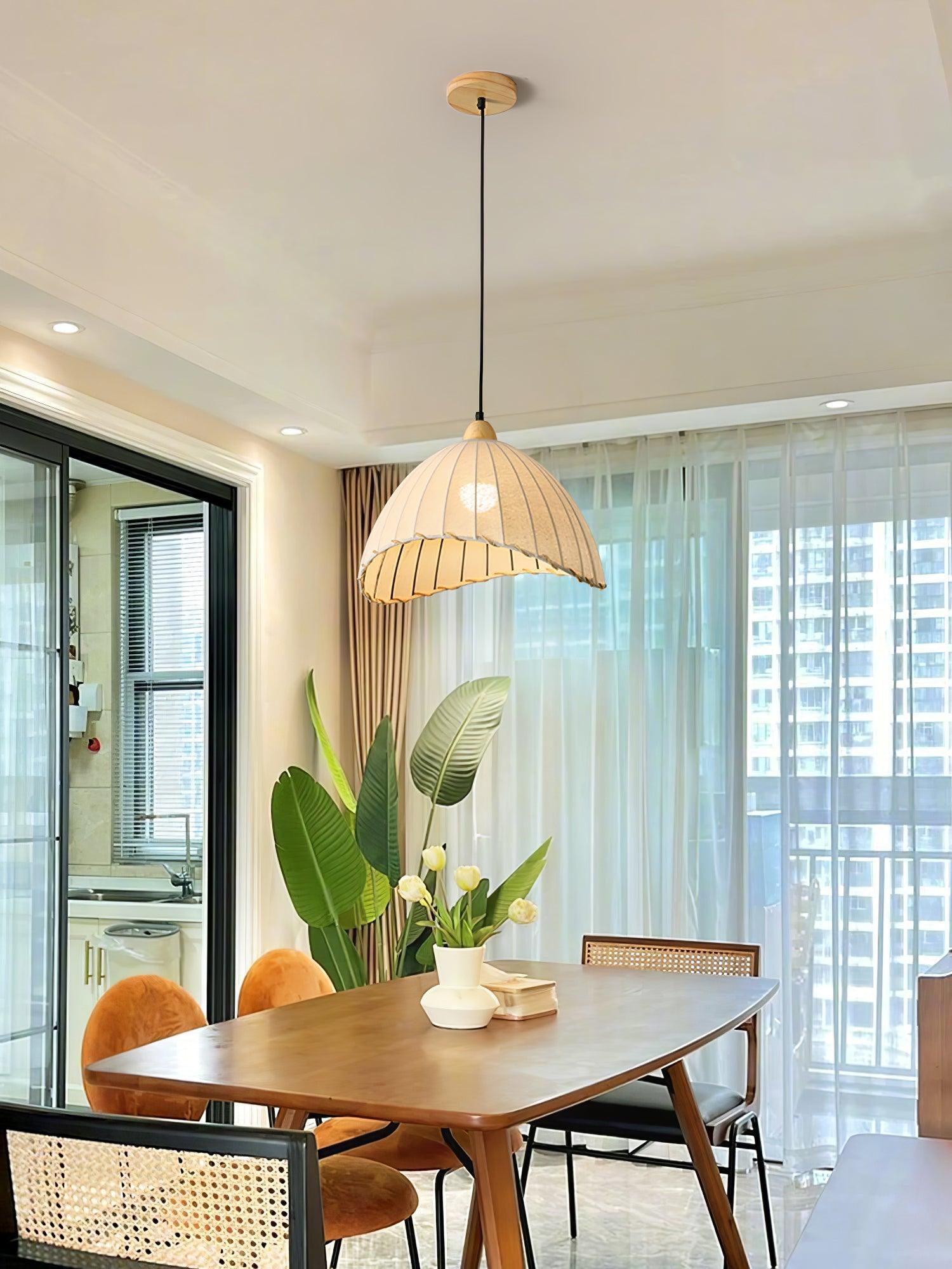 Scandi Sanna Fabric Pendant Lamp with Wood Accents Modern Interior Hanging Light