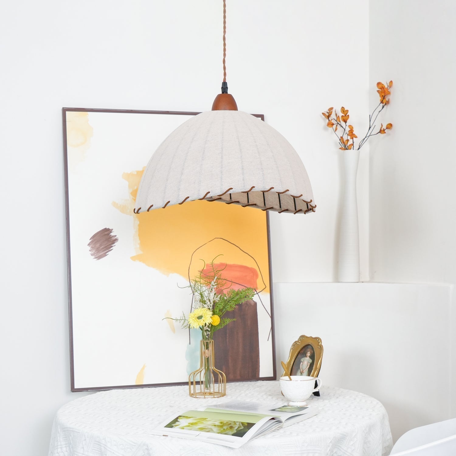 Scandi Sanna Fabric Pendant Lamp with Wood Accents Modern Interior Hanging Light