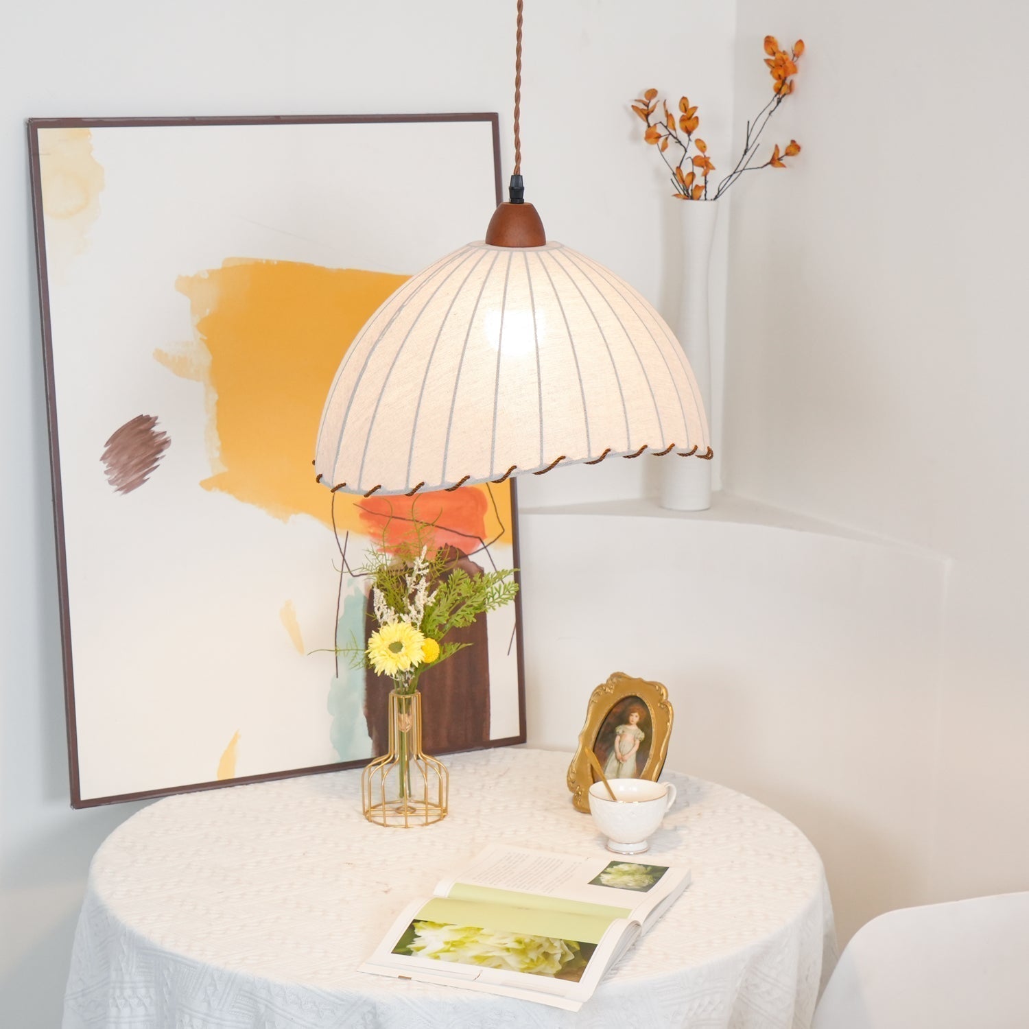 Scandi Sanna Fabric Pendant Lamp with Wood Accents Modern Interior Hanging Light