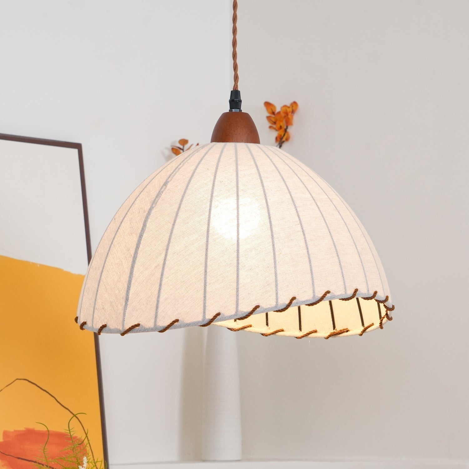 Scandi Sanna Fabric Pendant Lamp with Wood Accents Modern Interior Hanging Light