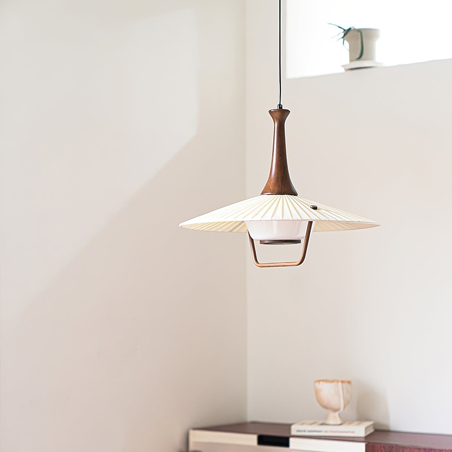 Scandinavian Eikon Hanging Pendant Lamp with Walnut Wood Neck and Fabric Shade