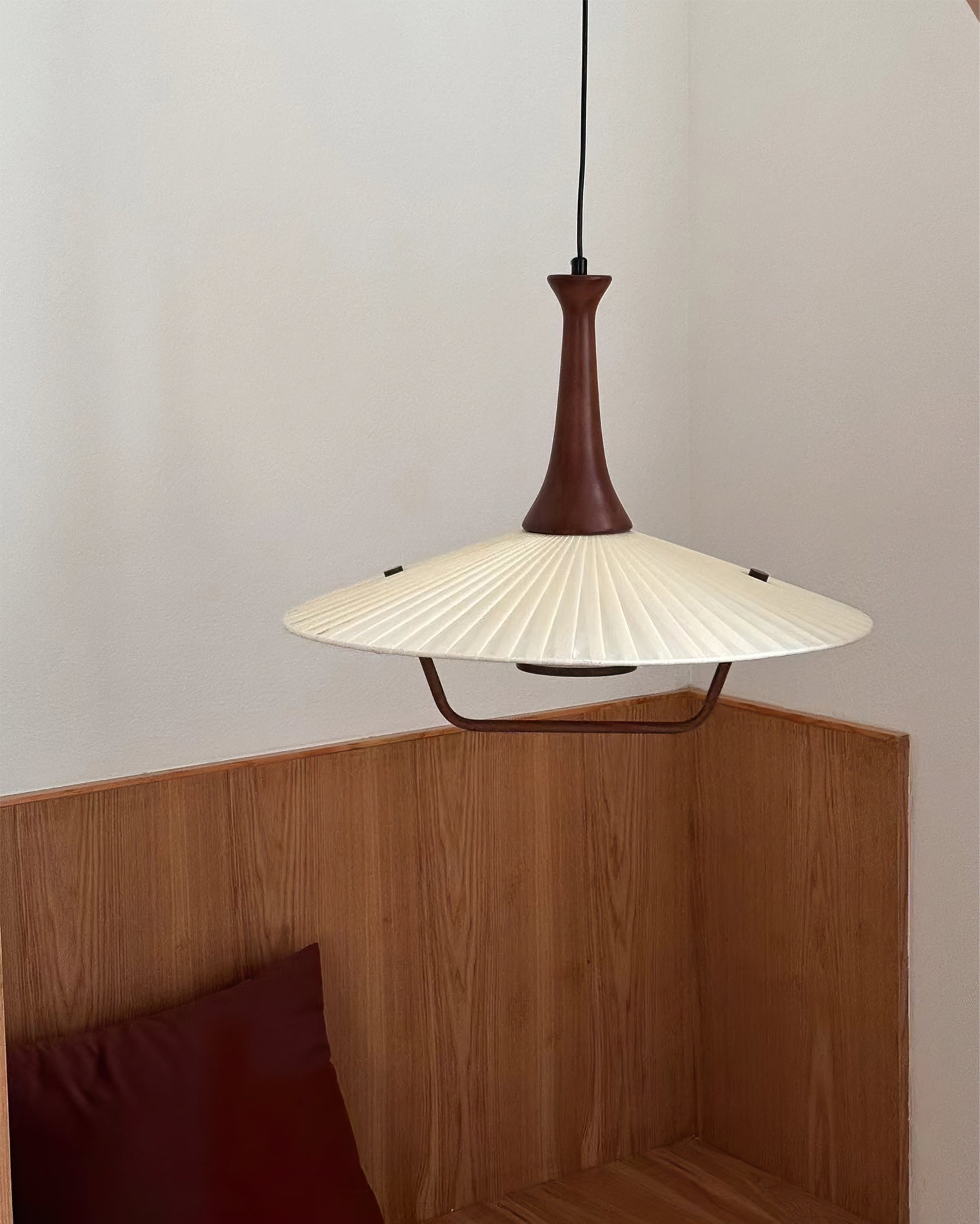 Scandinavian Eikon Hanging Pendant Lamp with Walnut Wood Neck and Fabric Shade