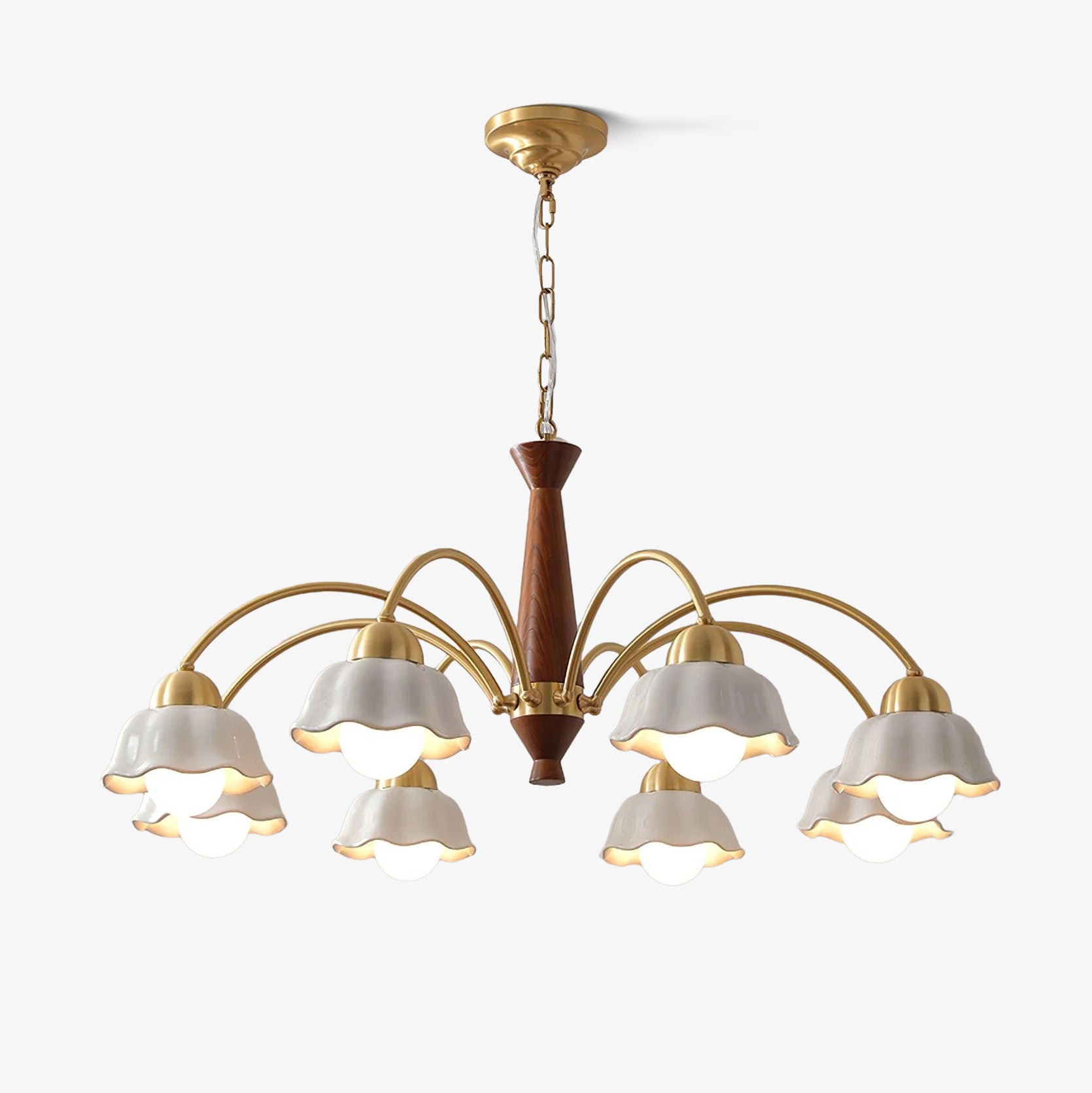 Scandinavian Mid Century Brass and Walnut Chandelier with Frosted Ceramic Shades