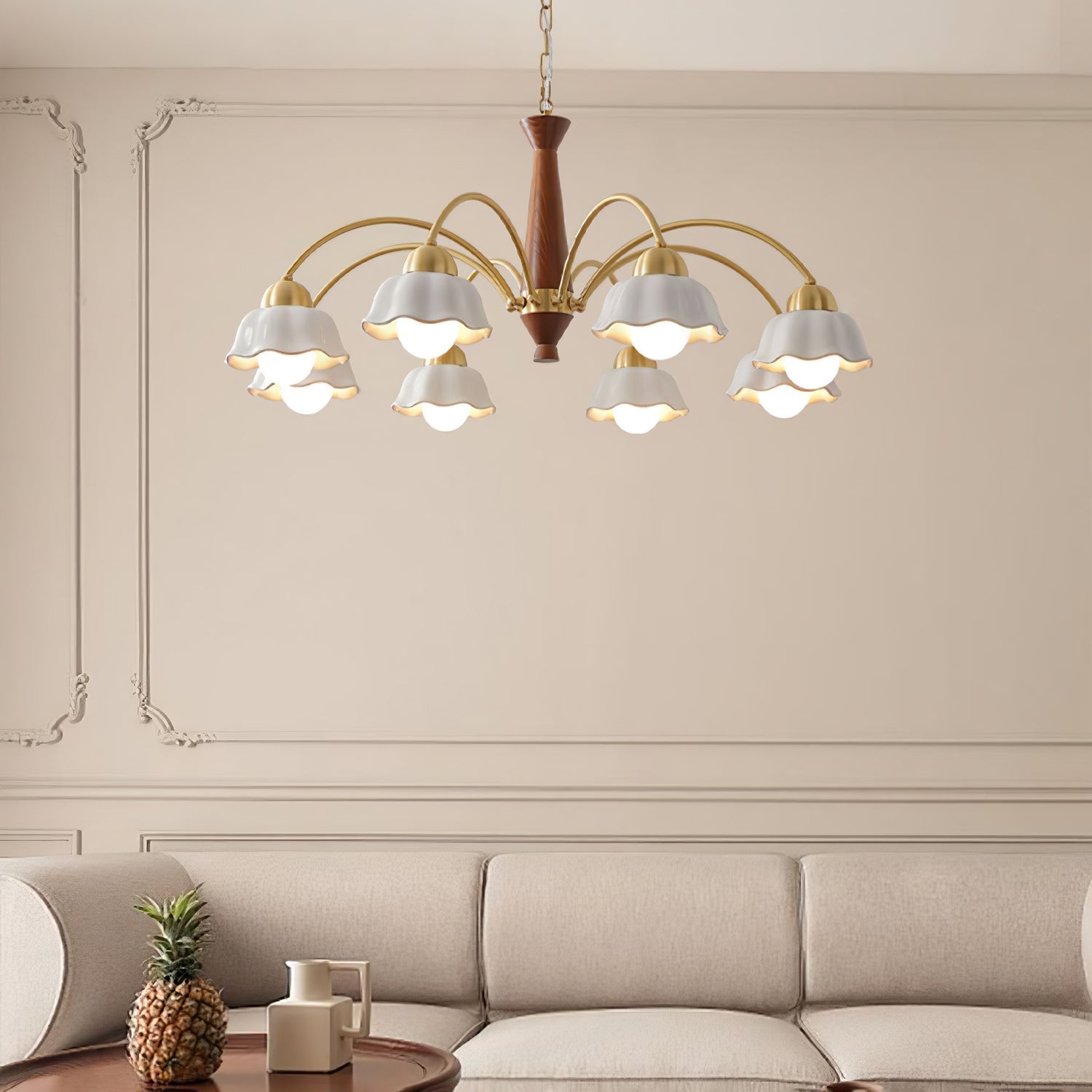 Scandinavian Mid Century Brass and Walnut Chandelier with Frosted Ceramic Shades