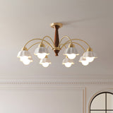 Scandinavian Mid Century Brass and Walnut Chandelier with Frosted Ceramic Shades