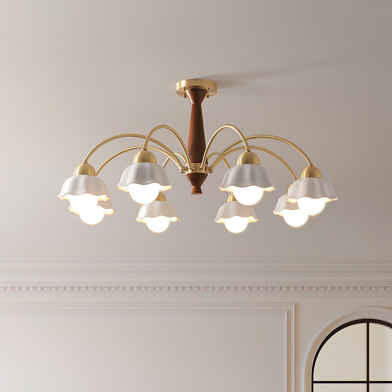 Scandinavian Mid Century Brass and Walnut Chandelier with Frosted Ceramic Shades