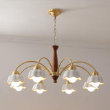 Scandinavian Mid Century Brass and Walnut Chandelier with Frosted Ceramic Shades