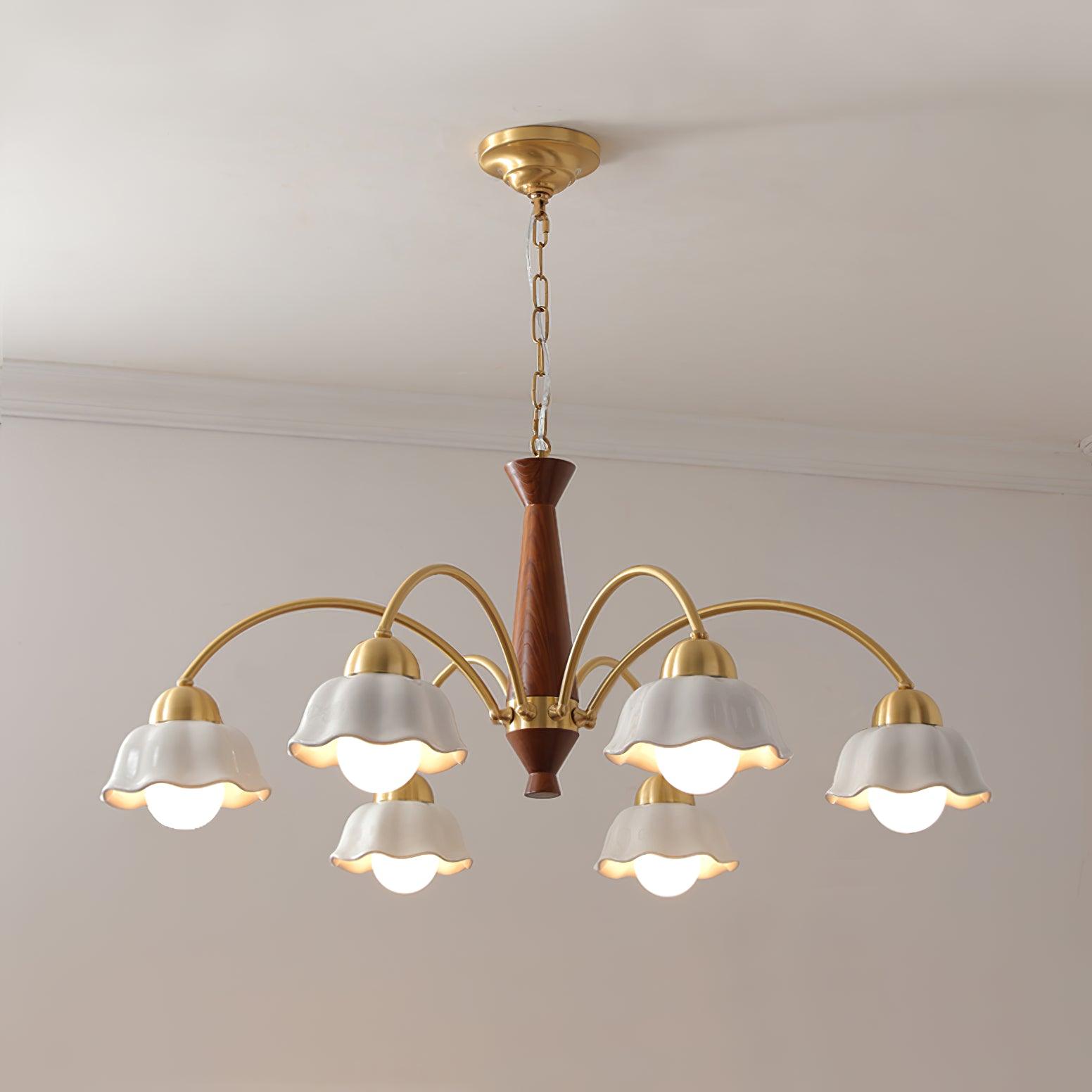 Scandinavian Mid Century Brass and Walnut Chandelier with Frosted Ceramic Shades