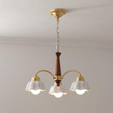 Scandinavian Mid Century Brass and Walnut Chandelier with Frosted Ceramic Shades