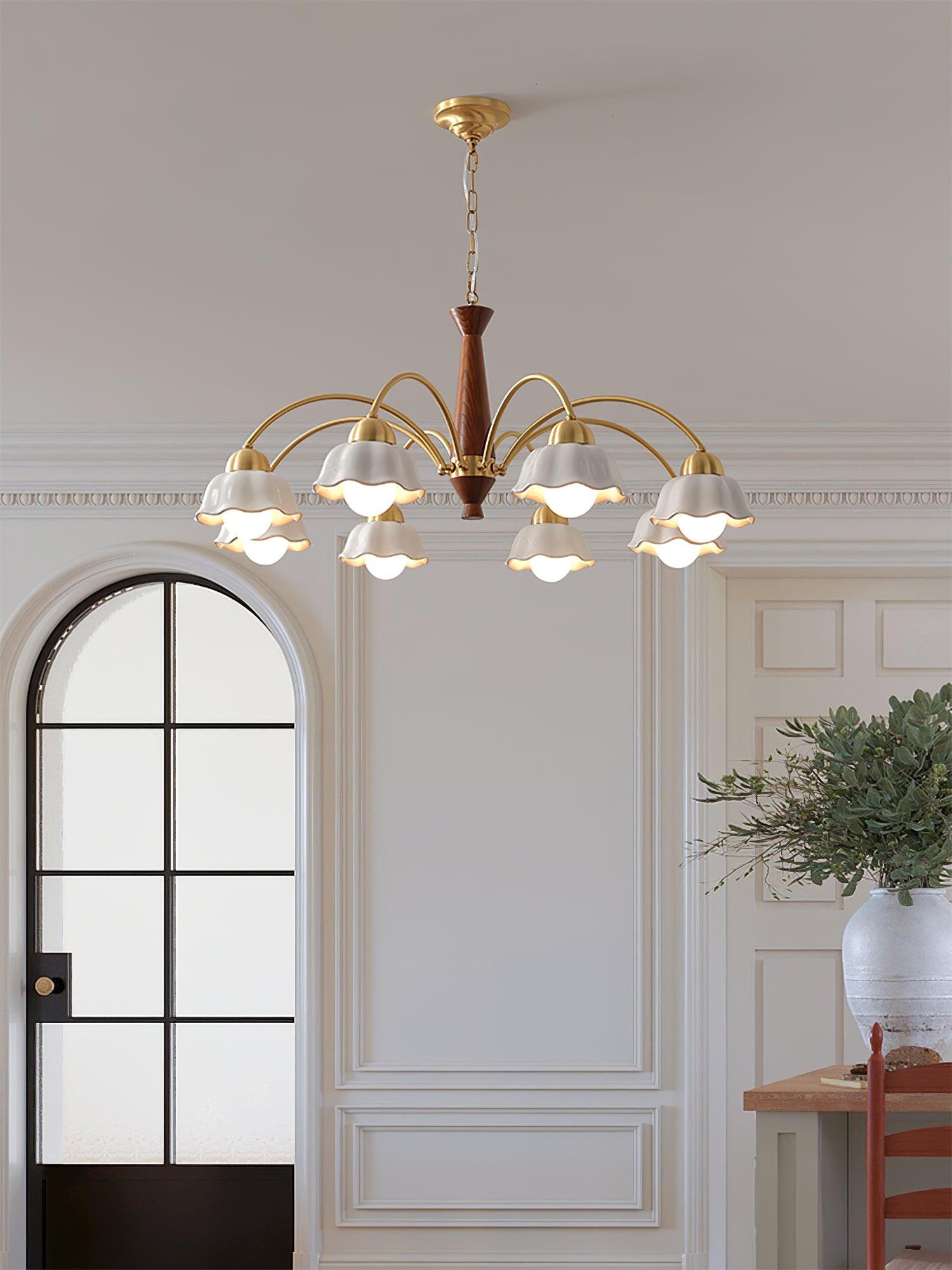 Scandinavian Mid Century Brass and Walnut Chandelier with Frosted Ceramic Shades