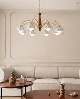 Scandinavian Mid Century Brass and Walnut Chandelier with Frosted Ceramic Shades