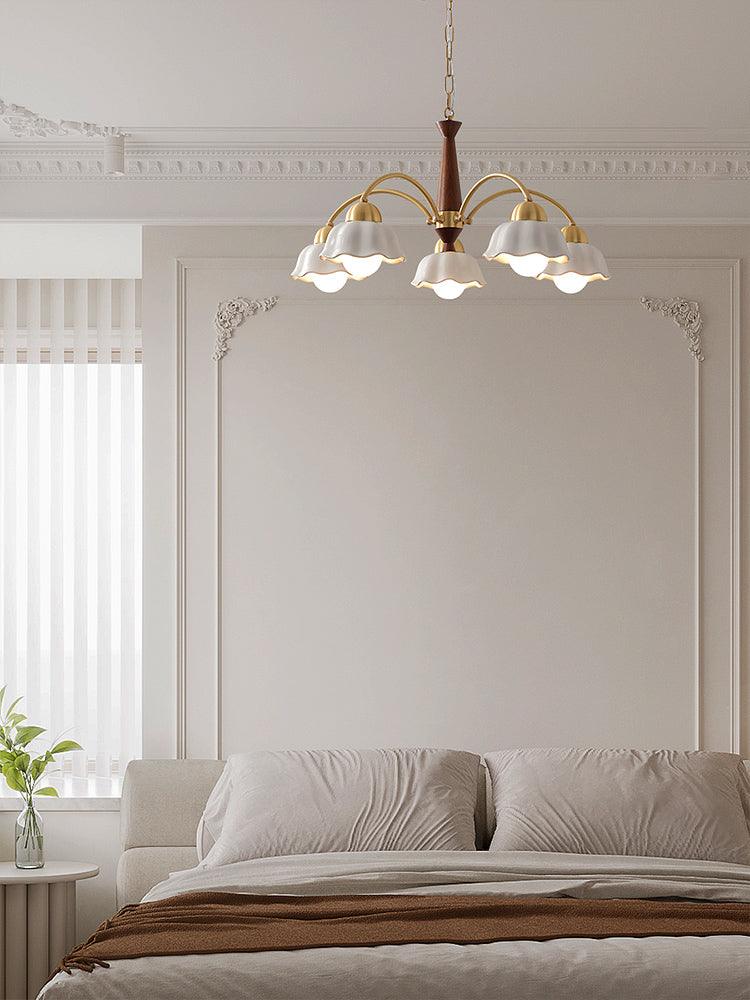 Scandinavian Mid Century Brass and Walnut Chandelier with Frosted Ceramic Shades