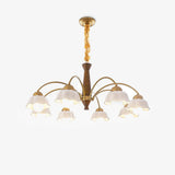 Scandinavian Mid Century Brass and Walnut Chandelier with Frosted Ceramic Shades
