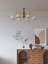 Scandinavian Mid Century Brass and Walnut Chandelier with Frosted Ceramic Shades