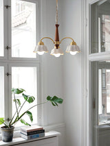 Scandinavian Mid Century Brass and Walnut Chandelier with Frosted Ceramic Shades