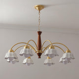 Scandinavian Mid Century Brass and Walnut Chandelier with Frosted Ceramic Shades