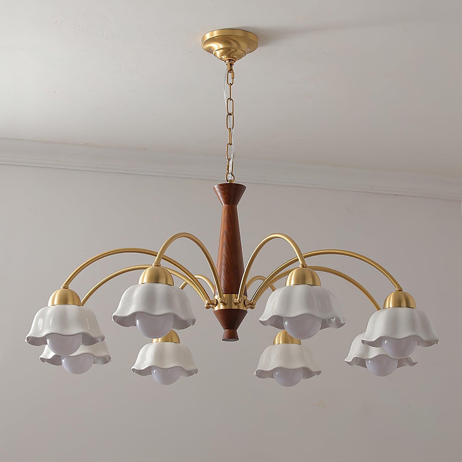 Scandinavian Mid Century Brass and Walnut Chandelier with Frosted Ceramic Shades