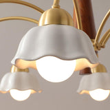 Scandinavian Mid Century Brass and Walnut Chandelier with Frosted Ceramic Shades