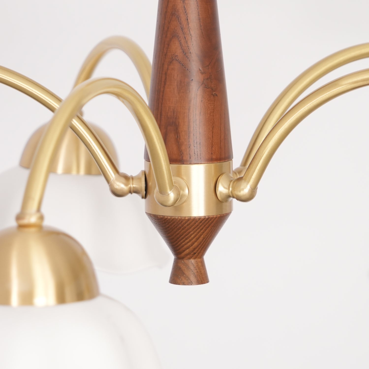 Scandinavian Mid Century Brass and Walnut Chandelier with Frosted Ceramic Shades