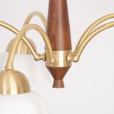 Scandinavian Mid Century Brass and Walnut Chandelier with Frosted Ceramic Shades