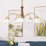 Scandinavian Mid Century Brass and Walnut Chandelier with Frosted Ceramic Shades