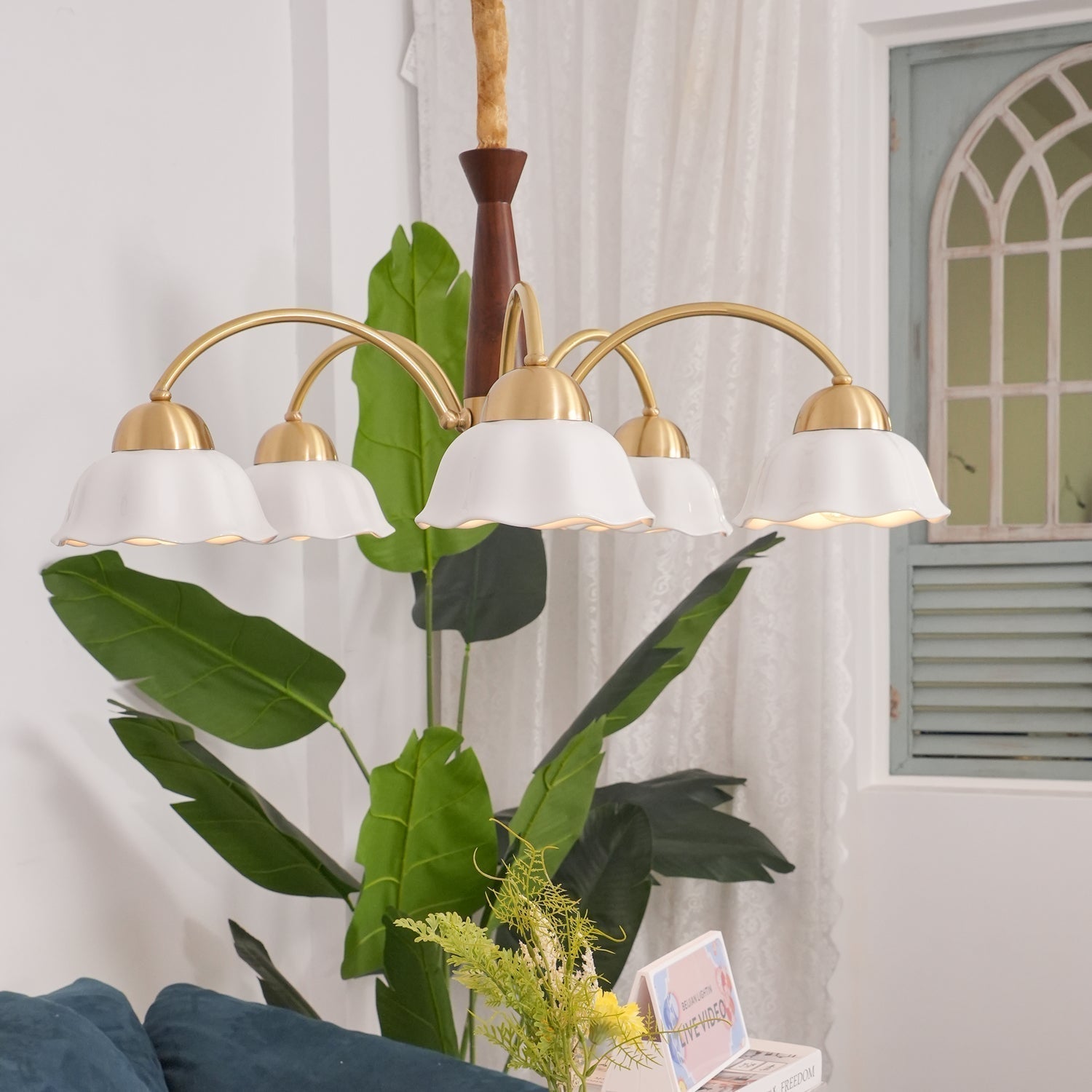 Scandinavian Mid Century Brass and Walnut Chandelier with Frosted Ceramic Shades