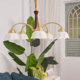 Scandinavian Mid Century Brass and Walnut Chandelier with Frosted Ceramic Shades