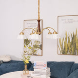 Scandinavian Mid Century Brass and Walnut Chandelier with Frosted Ceramic Shades