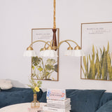 Scandinavian Mid Century Brass and Walnut Chandelier with Frosted Ceramic Shades