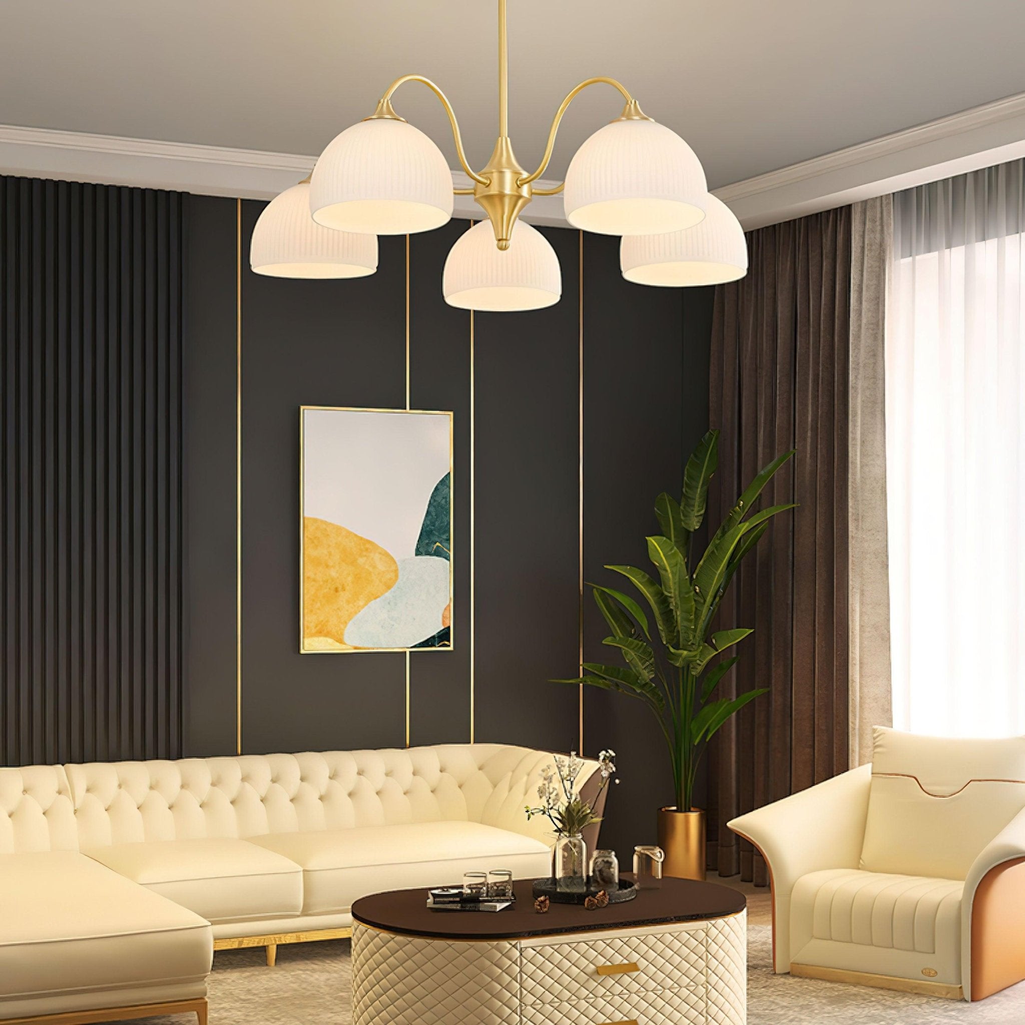 Scandinavian Striped Glass Bowl Chandelier Modern Gold Pendant Light for Dining Room