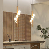 Scandinavian Vertical Wood Column Pendant Light with White Glass Orbs for Modern Home Decor