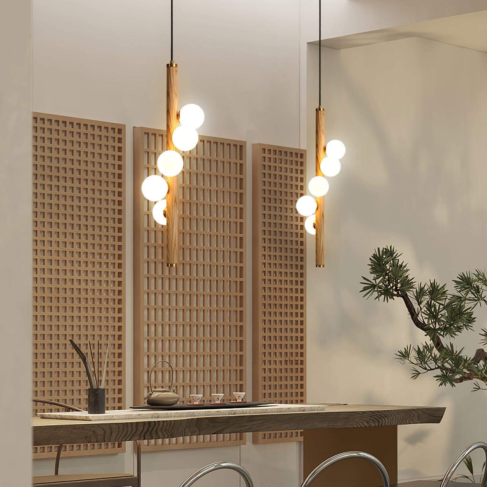 Scandinavian Vertical Wood Column Pendant Light with White Glass Orbs for Modern Home Decor