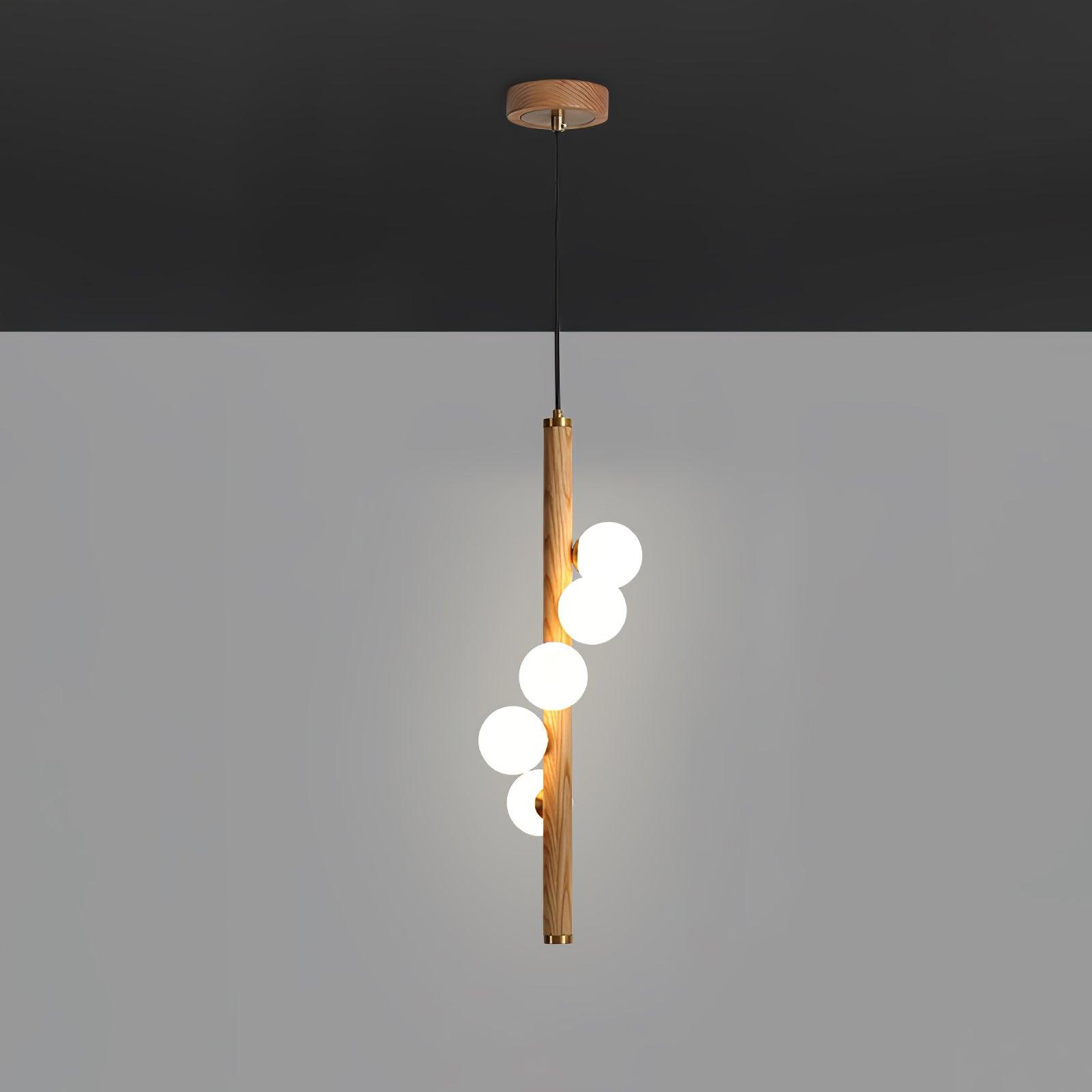Scandinavian Vertical Wood Column Pendant Light with White Glass Orbs for Modern Home Decor